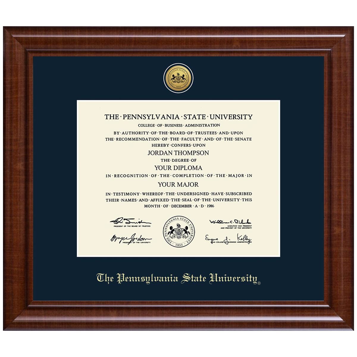 diploma frame #132, gold medallion seal The Pennsylvania State University, navy mat, Prescott molding walnut finish